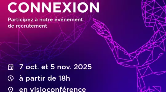 Affiche de l’événement de recrutement mc2i Opportunities intitulé « Tout commence par une connexion », organisé en visioconférence les 7 octobre et 5 novembre 2025 à 18h.